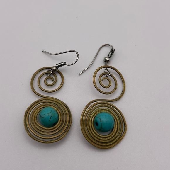 Large Gold Tone Swirl Faux Turquoise Blue Bead Dangle Earrings Music Note - Picture 3 of 7